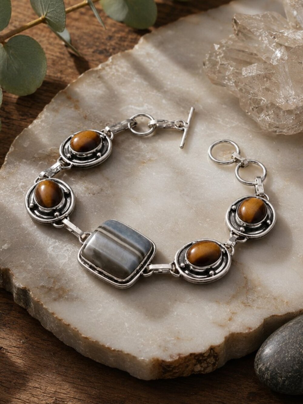 925 Silver Handcrafted Botswana Agate Tigers Eye Toggle Bracelet Boho Chic 7-8in